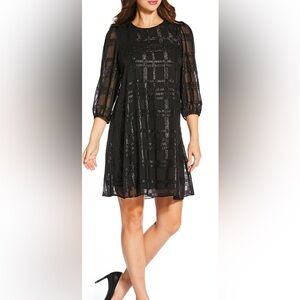 Calvin Klein Metallic Chiffon Plaid Print Crew Neck 3/4 Bubble Sleeve Dress